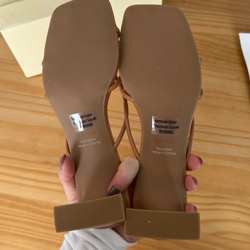 Open Edit Jamie‎ Square Toe Block Heel Sandal in Tan in Cashew Tan NEW IN BOX!